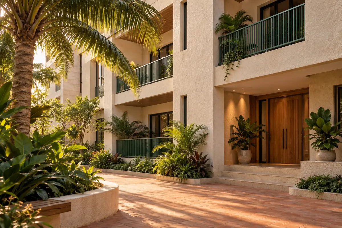 Architectural illustration of a residential courtyard with tropical greenery